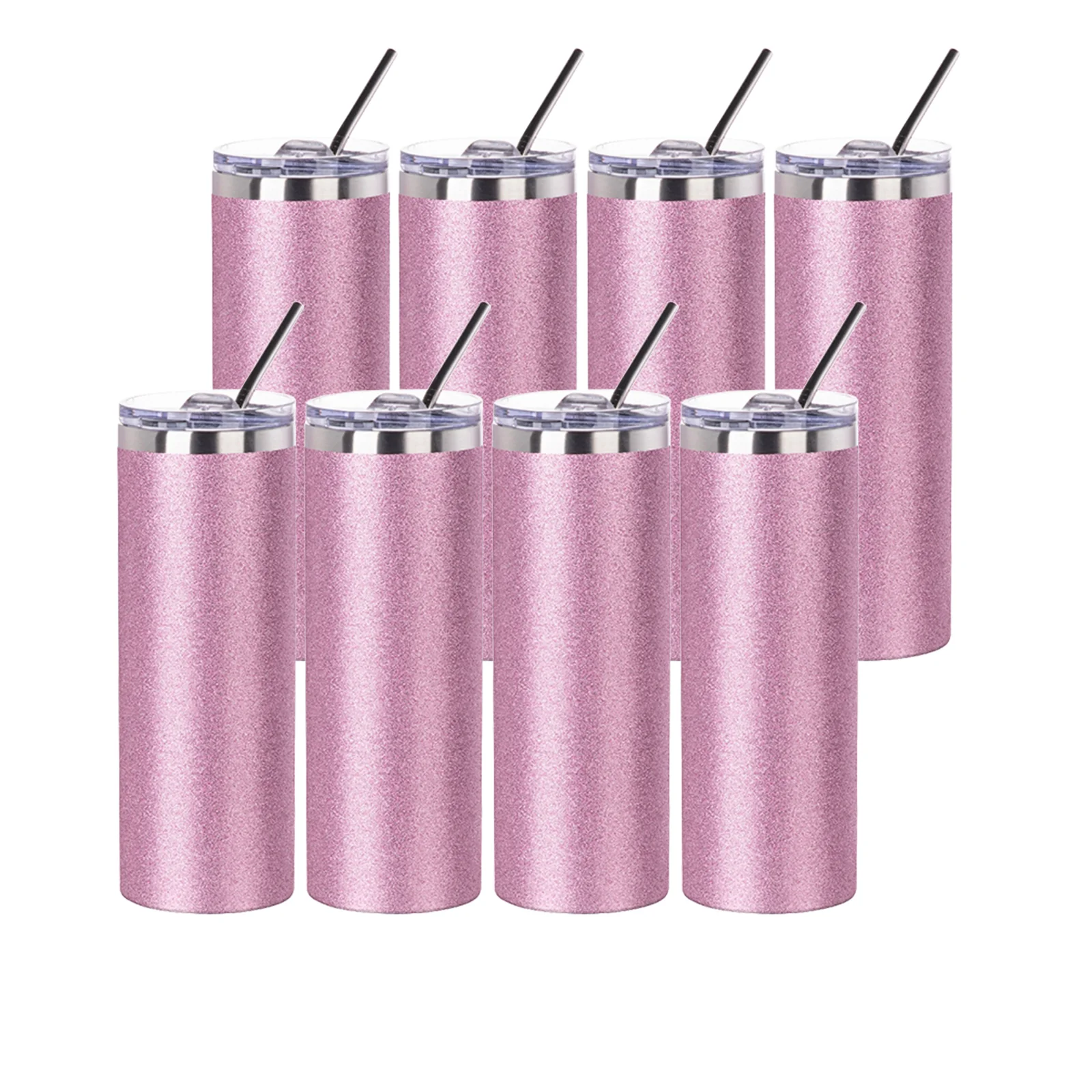 Wholesale 20 OZ Sublimation Skinny Straight Tumbler Glitter Pink With Metal Straw And Slide Lid 8 Pack(shipping from China)